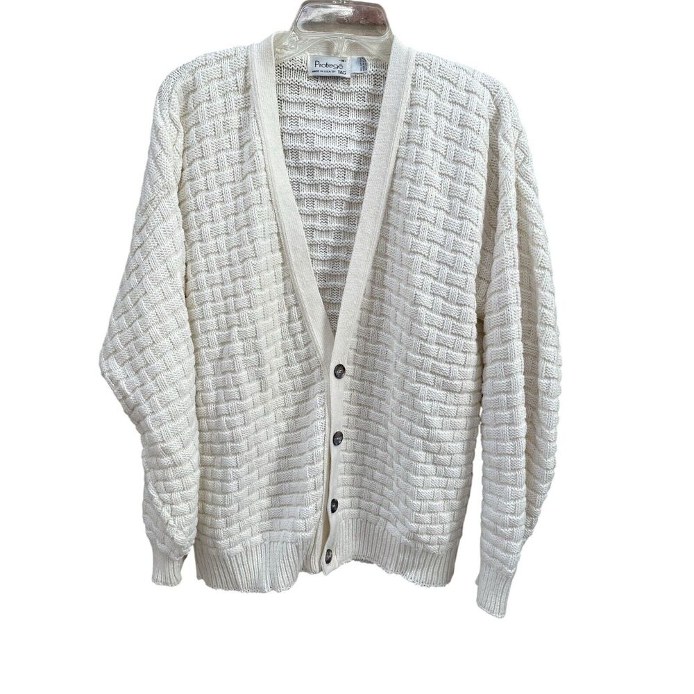 VTG 80's 90's Cardigan Sweater Medium Cream Basketweave Made In USA Vintage - Picture 1 of 12
